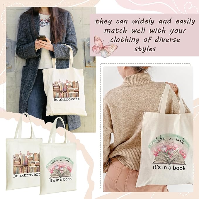 Sweetude 8 Pcs Christmas Book Lovers Club Gifts Bulk Canvas Tote Bags Bookish Librarian Reader Gift for Women Teacher Present(Book,Flower)