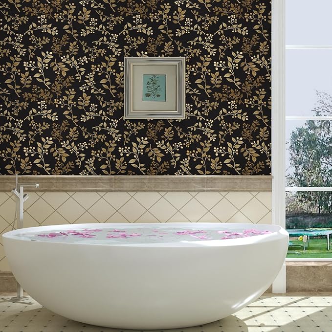 Extra Long Dark Floral Peel and Stick Wallpaper 17.5In x 32.8Ft, Vintage Self-Adhesive Contact Paper for Bedroom Stair Shelves Drawer – Boho Removable Vinyl Leaf Wall Paper in Black and Gold
