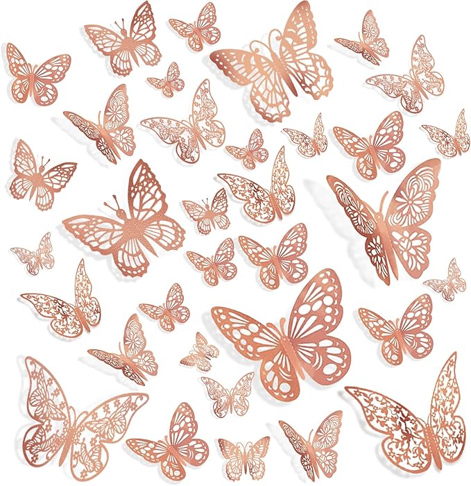 144 Pcs Rose Gold Butterfly Stickers 3D Butterflies Wall Decals Glitter 6 Styles and 3 Sizes Decorative Wall Stickers Butterfly Party Decorations, Butterflies for Cake Decorating