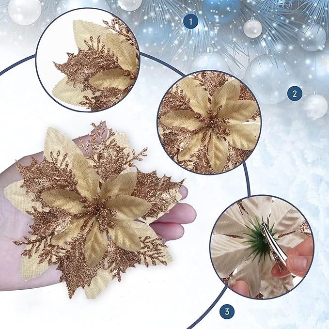 24Pcs Christmas Poinsettia Artificial Flowers and Glitter Berries Kit, 2 Styles Total 16Pcs Christmas Tree Flowers Ornaments, 8Pcs Christmas Tree Picks for Wedding Holiday Decorations, Champagne