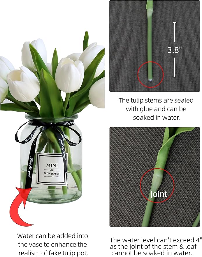 10pcs Fake Faux Tulips in Vase,Silk White Tulipanes Tulips Artificial Flowers Real Touch Arrangements with Vase for Desk Table Decoration Home Decor
