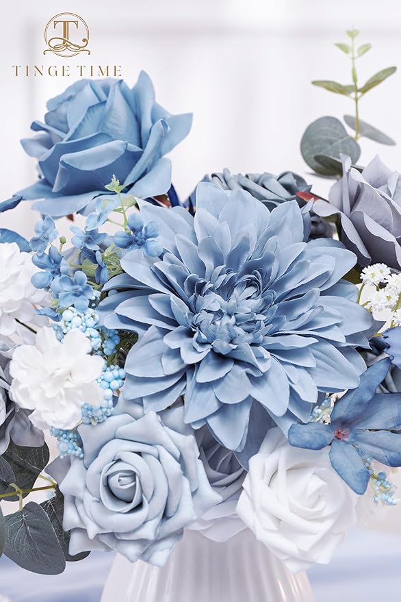 TINGE TIME Artificial Flowers Dusty Blue Flower Combo for DIY Wedding Bouquets Table Centerpieces Arrangements Party Baby Shower Home Decorations