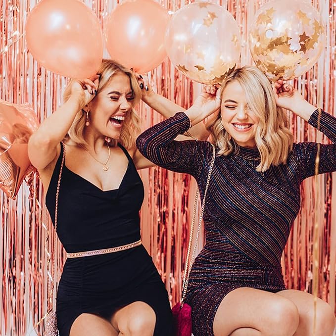 Rose Gold Party Decor 3 Pack - Bachelorette & Birthday Backdrop - Foil Fringe Tinsel Streamers - Christmas, Graduation & Baby Shower Party Decorations