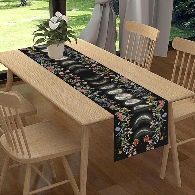 Boho Floral Table Runner, Spring Gothic Moon Phase Wildflower Mystical Witchy Farmhouse Coffee Table Center Decor for Home Kitchen Dining Patio Holiday Party Table Decorations 13x108 inches