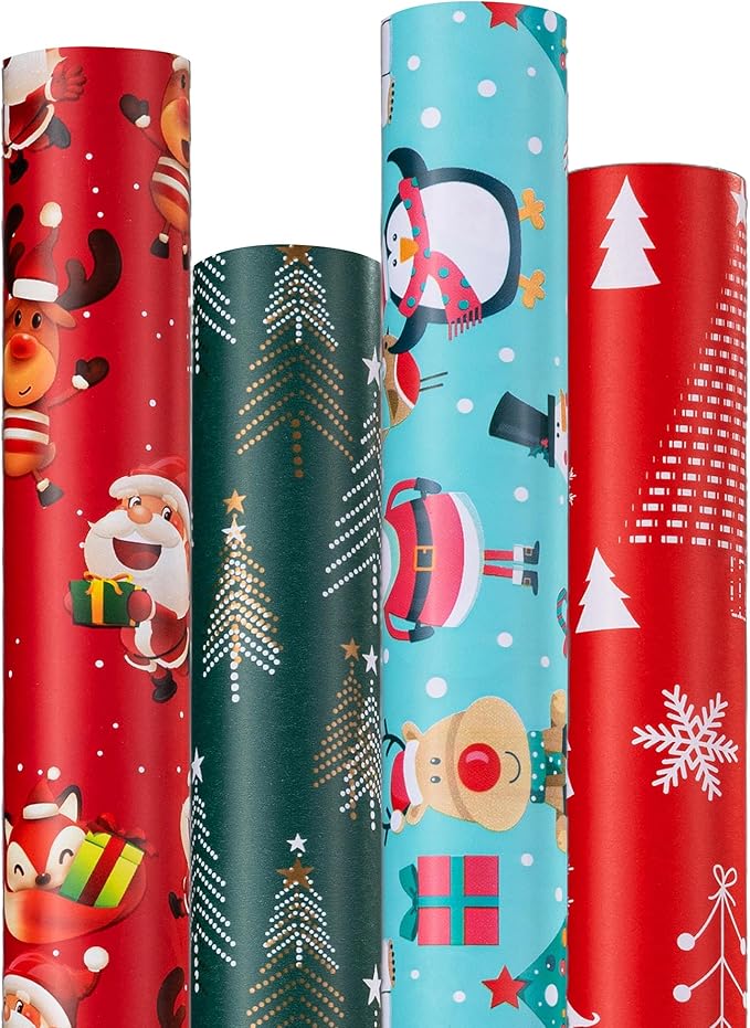Christmas Wrapping Paper (4 Rolls, 93 sq. ft. ttl): Funny Snowmen, Snowflakes, Reindeer, Bear, Christmas Trees and Santa Claus with Gifts Design for Holiday Gift Wrap- 17 Inches x 16.5 Feet Per Roll