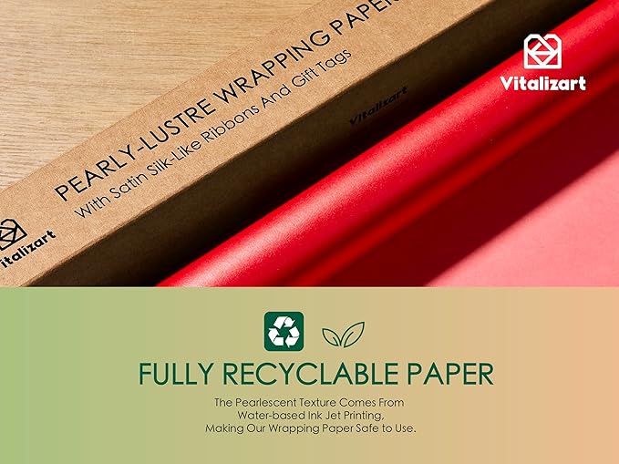 Vitalizart Red Wrapping Paper Set 30" Pearly-Lustre With Silk Like Satin Ribbon & Gift Tags Recyclable Christmas Gift Wrapping Birthday Baby Shower Wedding Handmade Crafts 197"(16.4 Ft)