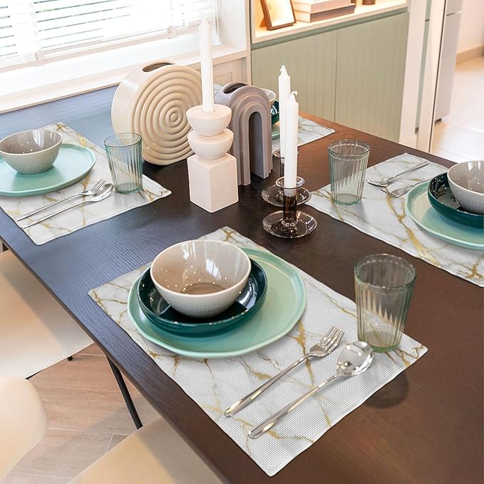 Placemats 4 pcs Marble Double-Layer Imitation Linen Place Mats Non-Slip Heat-Resistant Tablemats for Home Restaurant Hotel 18×12 Inch