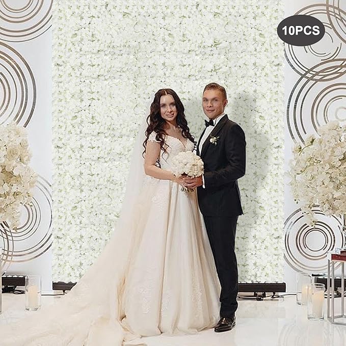 3D Flower Wall Panel, 10pcs White Artificial Floral Wall Backdrop, Realistic Silk Flower Backplanes, Roll Up Fake Flower Background for Valentines Wedding Party Photo Arrangement Decor