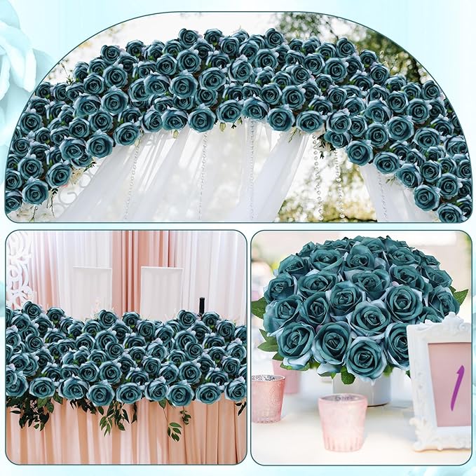 80 Pcs Roses Artificial Flowers, Silk Gradient Blue-Green Artificial Flowers Petals Long Stem Roses for Wedding Bouquet Home Party Decor