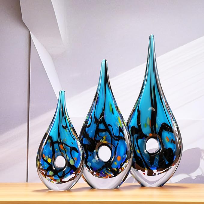 Luxury Lane Hand Blown Abstract Hollow Blue Tear Drop Sommerso Art Glass Sculpture for Home Decor 14 inch Tall Centerpiece Table Decoration
