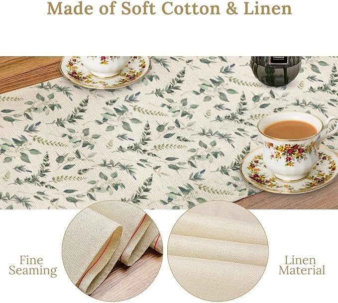 Watercolor Leaf Table Runner, Green Botanical Leaves Nature Decor Table Runner for Kitchen Dining Party Picnic Decoration, 13x70 Inch