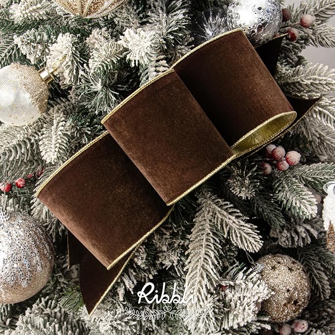Ribbli Brown Velvet Wired Ribbon 4 Inch Luxury Matte Velvet Christmas Ribbon for Gift Wrapping Christmas Tree Decoration Crafts Wreaths Supplies - 10 Yards
