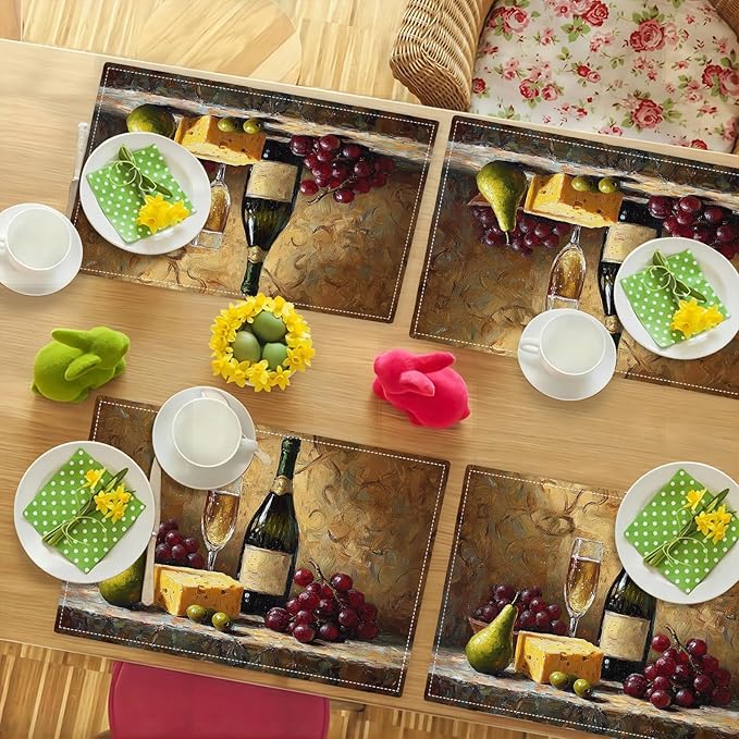 Wine Glass Placemats Set of 6, Rustic Country Winery Place Mats, Farmhouse Grape Dining Table Mats, Washable Placemats for Kitchen Dining Room Home Decor 18L'' × 12W''
