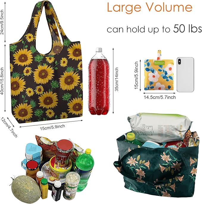 BeeGreen Flower Reusable Shopping Bags Cute Grocery Bag 6 Pack, Christmas Gift Bags Heavy-Duty Foldable Shopping Totes for Supermarket, Work & Travel, Large Washable Polyester Tote Bag with Handles