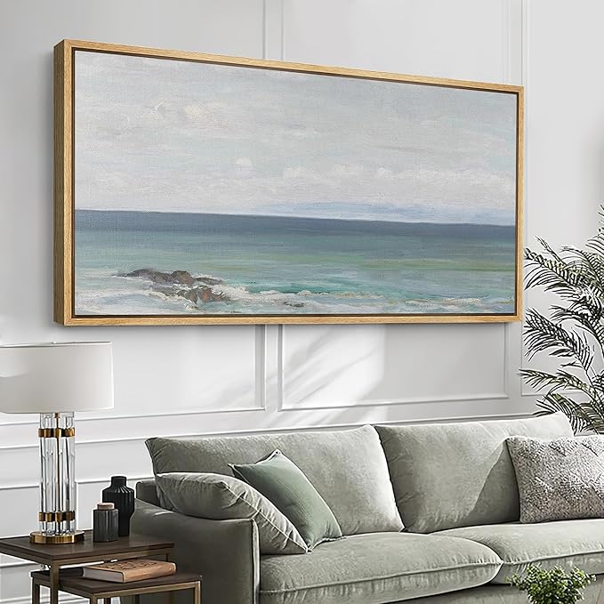 SIGNFORD Extra Large Framed Canvas Print Wall Art Peaceful Coastal Horizon Soft Seascape Illustrations Modern Art Relax/Calm Warm for Living Room, Bedroom, Office - 60"x30"