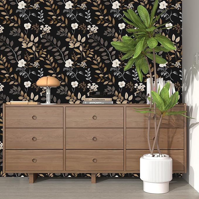 Black Floral Wallpaper Peel and Stick Vintage Leaf Contact Paper Waterproof Self Adhesive Removable Modern Boho Wall Paper for Bedroom Cabinets Kitchen Locker Drawer 17.5"X118"