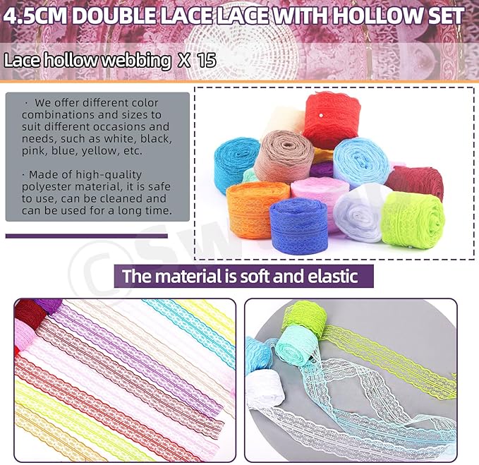 Swpeet 15 Rolls in Total 165 Yards 4.5cm×11 Yards Colorful Lace Ribbon Bilateral Floral Pattern Fabric, Vintage Trim Ribbon Crafting Lace for Decorating, Gift Wrapping