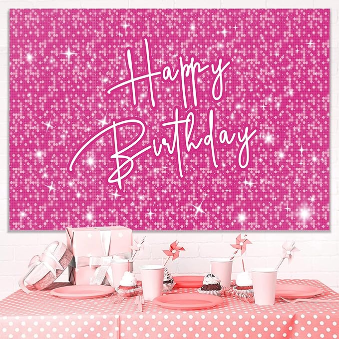 Happy Birthday Decoration for Women Shiny Pink Neon Party Backdrop Glitter Banner for Girl Princess Party Table Wall Decorations Pink Sparkle Birthday Photo Booth Studio Background 7x5ft