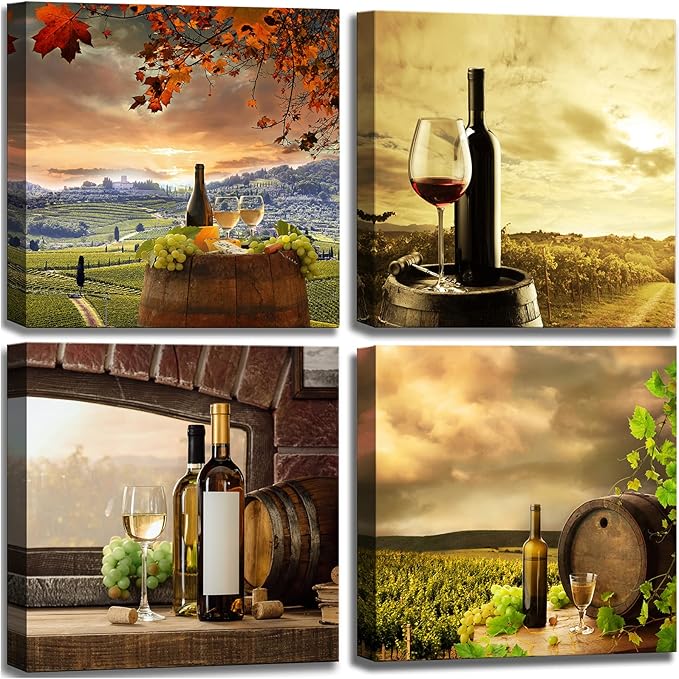 Kitchen Wall Decor Canvas Art for Dining Room, Farmhouse Rustic Paintings Vintage Fruit Red Wine Pictures Realism Colorful Artwork Prints for Bar Living Room Decoration - 12"x12"x4 Pcs