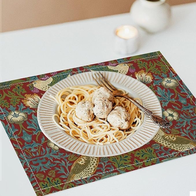 William Morris Floral Placemats Set of 6, Vintage Flower Strawberry Birds Red Place Mats, Heat Resistant Non Slip Cotton Linen Dining Table Mats for Home Kitchen Party 18x12 Inch