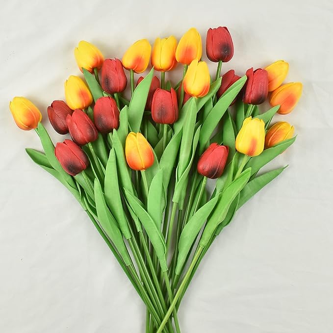 24pcs Artificial Tulips Flowers Fake Faux PU Tulip Bouquet Real Touch Flower Arrangement for Home Room Office Party Wedding Decoration Excellent Gift Idea for Mothers Day (Red and Orange)