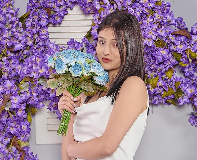 Rose Artificial Flower 28pcs Realistic Faux Silk Roses Fake Flowers Bouquets Arrangements Decor for Wedding Spring Mother's Day, Home Table Decorations, Blue Flower