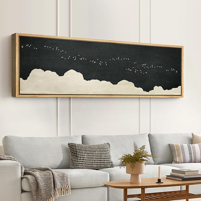 SIGNFORD Large Framed Canvas Print Wall Art Minimalist Birds in Flight Illustrations Modern Art Relax/Calm Warm for Living Room, Bedroom, Office - 60"x20"