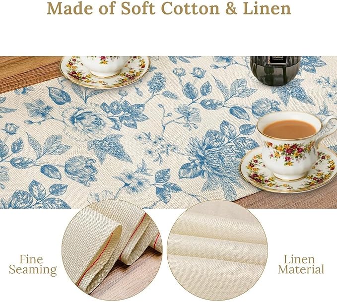 Blue Floral Table Runner, Spring Summer Sketch Wildflower Vintage Country Farmhouse Coffee Table Center Decor for Home Kitchen Dining Patio Holiday Party Table Decorations 13x90 inches