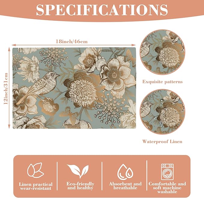 Placemats Set of 4 Retro Peony Bird and Butterfly Table Mats Linen Place Mats for Dining Kitchen Country Camp Farmhouse Decor 12x18 Inch