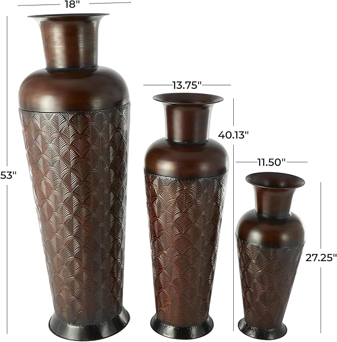 Deco 79 Metal Decorative Vase Tall Centerpiece Vases with Geometric Designs, Set of 3 Vases for Home Decoration 53", 40", 27" H, Dark Brown