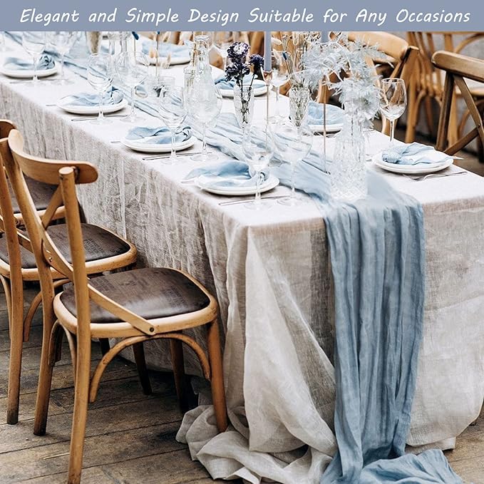 12 Pack 10Ft Cheesecloth Table Runner 35x120 Inch Boho Gauze Table Runner Rustic Cheese Cloth Long Romantic Table Runners for Wedding Bridal Shower Birthday Party Table Decor (Dusty Blue)