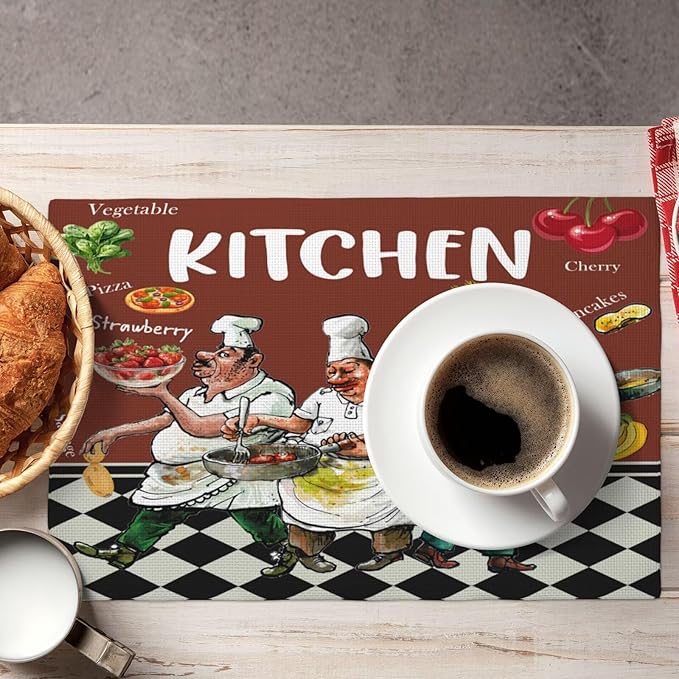Chef Kitchen Linen Placemats Set of 6 Funny Fat Chef Cooking Theme Placemats for Indoor Outdoor Party Home Desktop Dining Room Decor 12x18 Inch
