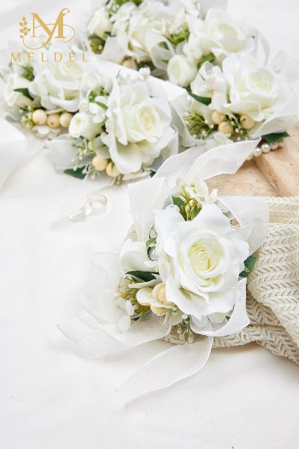 Meldel White Wrist Corsage for Women Bride Bridesmaids Wedding, Set of 6, Artificial Rose Corsages Wristlet for Prom Suit Accessories Bridal Shower Mother Homecoming Flowers Party Ceremony Anniversary