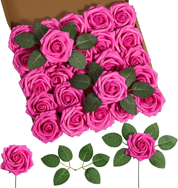 DuHouse 25Pcs Artificial Roses Flowers Fake Roses with Stems Real Touch Foam Flowers for DIY Wedding Bouquet Baby Shower Centerpiece Floral Arrangement Party Home Decor (Hot Pink)