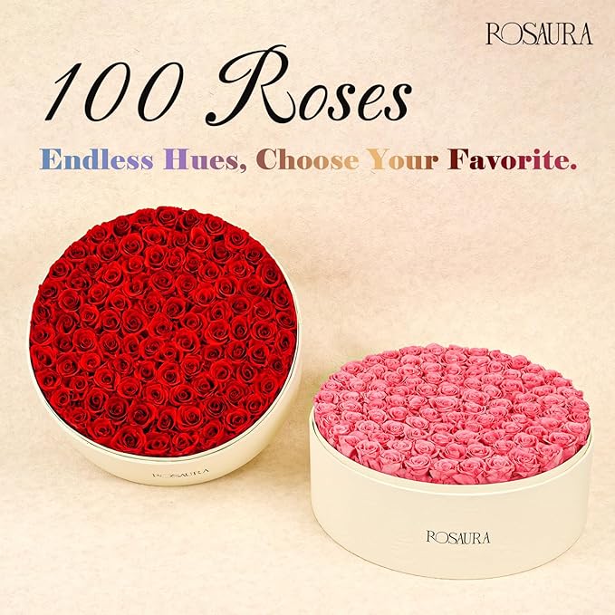 Rosaura Round Preserved Roses Gift Box - Real Forever Flowers for Birthday, Valentine's & Mother's Day (red, 100 Roses)