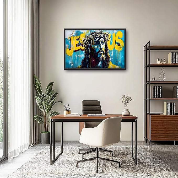 Banksy Jesus Large Wall Art Graffiti Framed Wall Decor for Living Room Pop Street Pictures Oversized Canvas Print Painting Modern Extra Large Framed Artwork for Bedroom Office 36"x24"