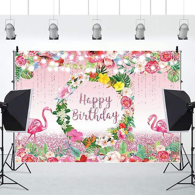 Renaiss 12x8ft Pink Flamingo Happy Birthday Backdrop Tropical Leaves Floral Hoop Winkle Hawaiian Photography Background Luau Aloha Party Decor Girls Birthday Photo Props Dessert Gift Table Banner