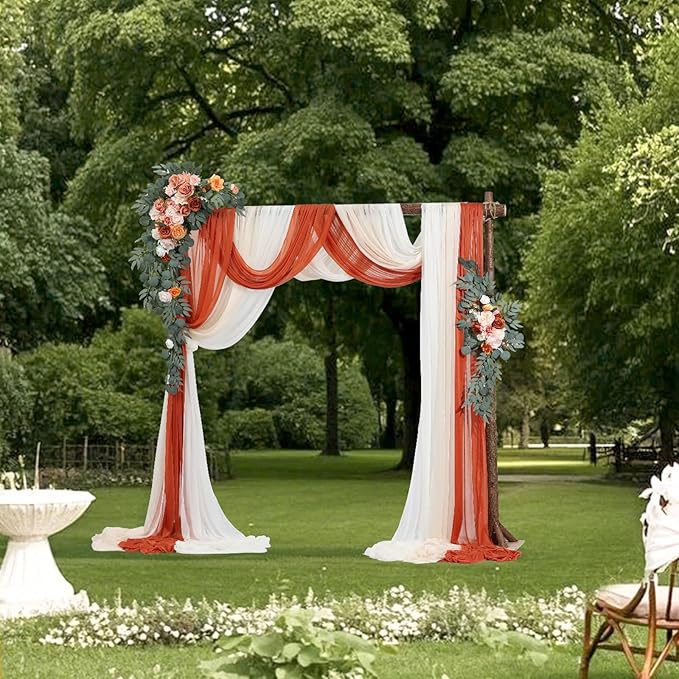 VEVOR Artificial Wedding Arch Flowers Kit, Orange Wedding Arch Flowers with Drapes Kit (Pack of 5) - 2 Pcs Floral Arrangement, 3 Pcs Sheer Drapes, for Ceremony Bouquets Reception Backdrop Decoration