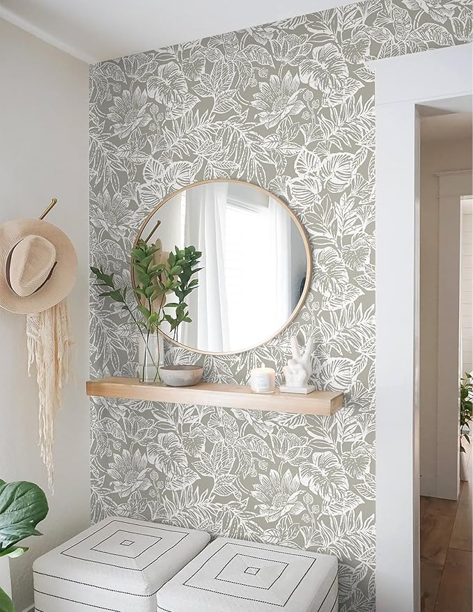 Peel and Stick Wallpaper Vintage Wall Paper Boho Contact Paper Bedroom Bathroom Wallpaper Peel and Stick Grey Brown Tropical Leaf Removable Self-Adhesive Wall Decor 17.3" x 118"