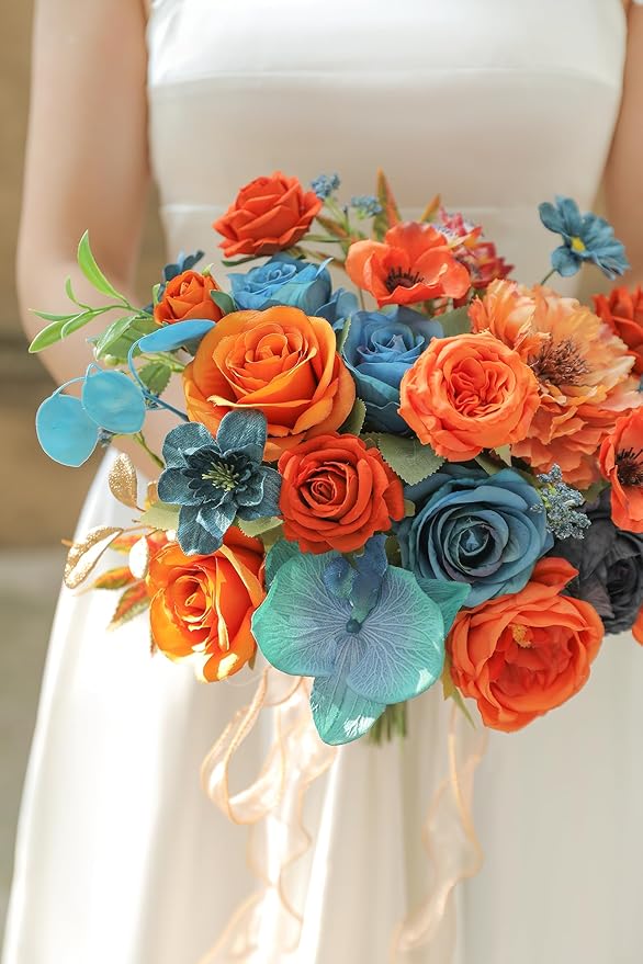 Fall Orange Artificial Flowers Roses Fake Flowers with Stems Blue Orange Artificial Flowers for DIY Bridal Bouquets Faux Flowers Centerpieces for Table Home Decor
