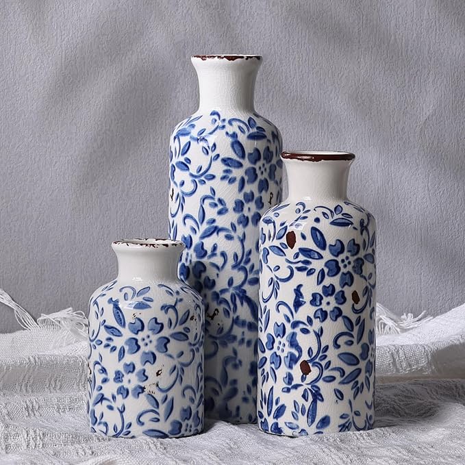 Ceramic Vase Set of 3 - Modern Chinoiserie Blue Floral Decorative Vases for Home Decor, Rustic Farmhouse Boho Vases for Living Room, Mantel, Dining Table, Bookshelf, Kitchen or Entryway Decoration