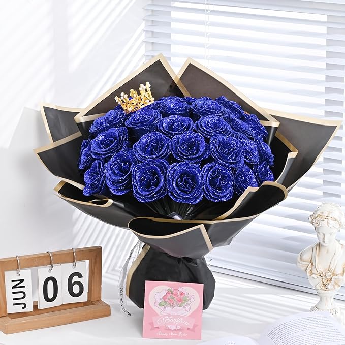 Waipfaru 24 Pcs Glitter Roses Bouquet, DIY Fake Flowers Bouquet, Artificial Blue Rose Bouquet for Valentines, Mothers Day Gifts, Anniversary, Engagement, Wedding