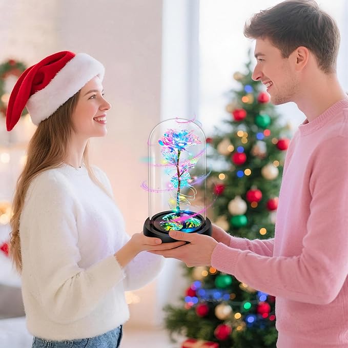 Childom Christmas Rose Gifts for Women,Birthday Gifts for Women Mom Christmas,Flowers for Delivery Prime,Rotating Colorful Light Up Rose in A Glass Dome,Anniversary Rose Gift for Her Valentines Day