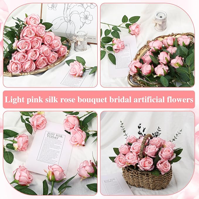 80 Pcs Roses Artificial Flowers, Silk Light Pink Artificial Flowers Petals Long Stem Roses for Wedding Bouquet Home Party Decor