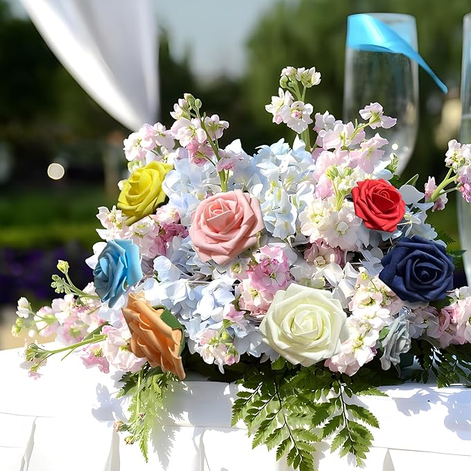 [25 PCS] Royal Blue Roses Artificial Flowers with Long Stem Real Touch Fake Foam Roses for Decoration DIY Wedding Bouquets Centerpieces Bridal Shower Mothers Day Party Flower Arrangements Home Decor
