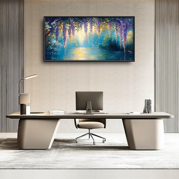 Wisteria Floral Large Wall Art Country Flower Pictures Wall Decor Lake Canvas Landscape Print Painting Modern Artwork Home Decoration for Living Room Bathroom Bedroom Office Framed 60"x30"