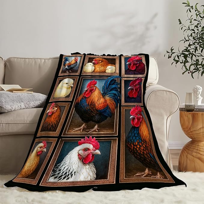 Rooster Blanket Chicken Throw Blanket Farm Animal Soft Cozy Fleece Fuzzy Stuffed Plush Flannel Gifts for Girls Women Boys Kids Adults 60"X80"