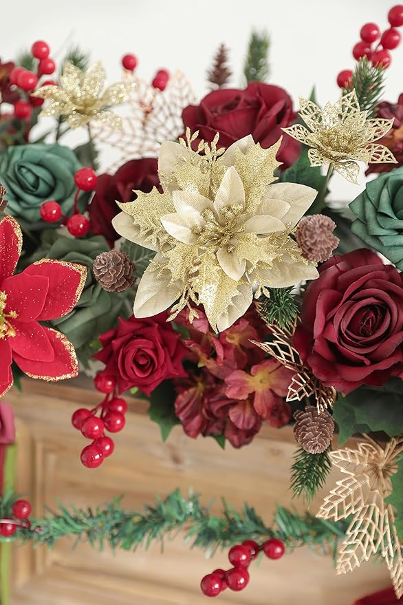 Artificial Christmas Flowers Mix Silk Flowers Fake Roses with Stems for DIY Bridal Bouquets Faux Flowers Centerpieces for Table Home Christmas Decorations