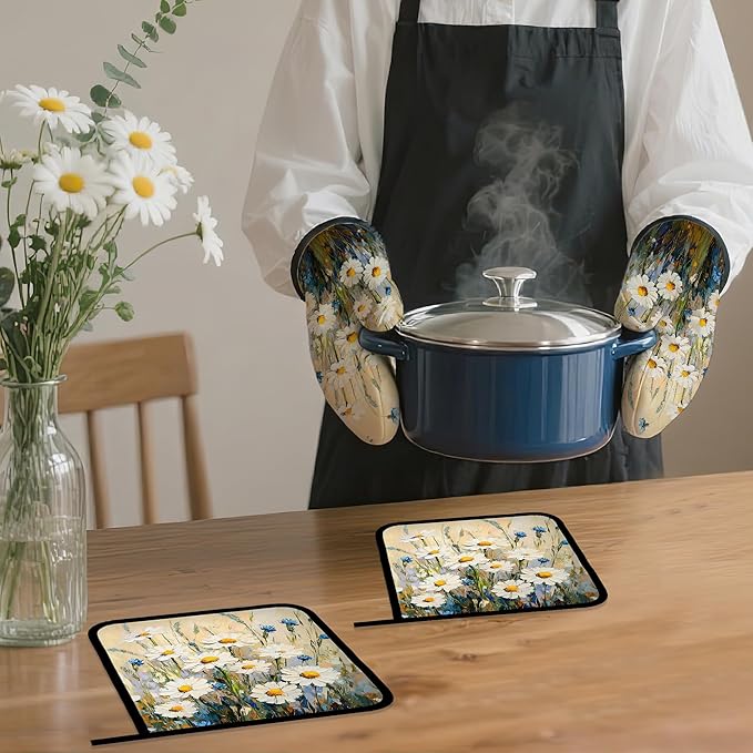 Vintage Daisy Flower Oven Mitts and Pot Holders,Heat Resistant Oven Mitts Gloves and Pot Holder for Home Kitchen Decorations Cooking Baking BBQ Gifts,Set of 4