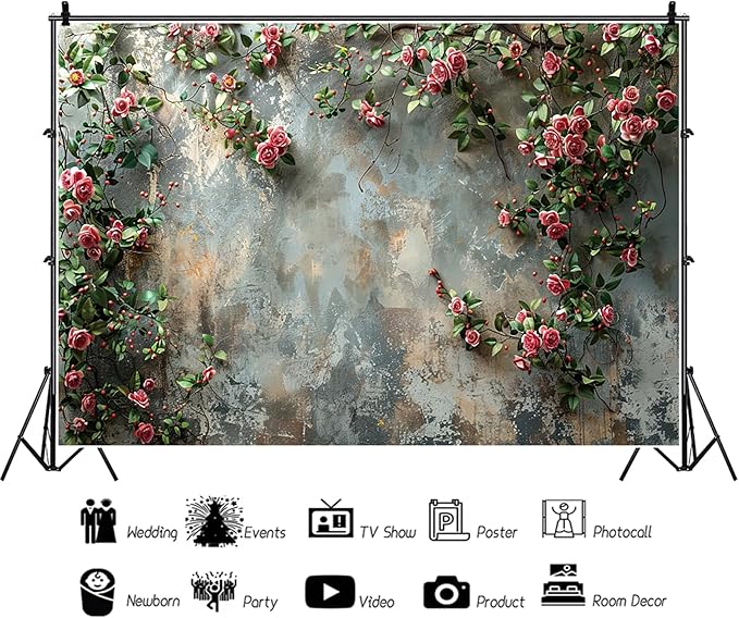 Baocicco 15x10ft Vinyl Old Floral Wall Photography Background Retro Texture Wall Grain Pink Rose Fairytale Birthday Backdrops Medieval Wedding Events Party Decorations Newborn Baby Shower Studio
